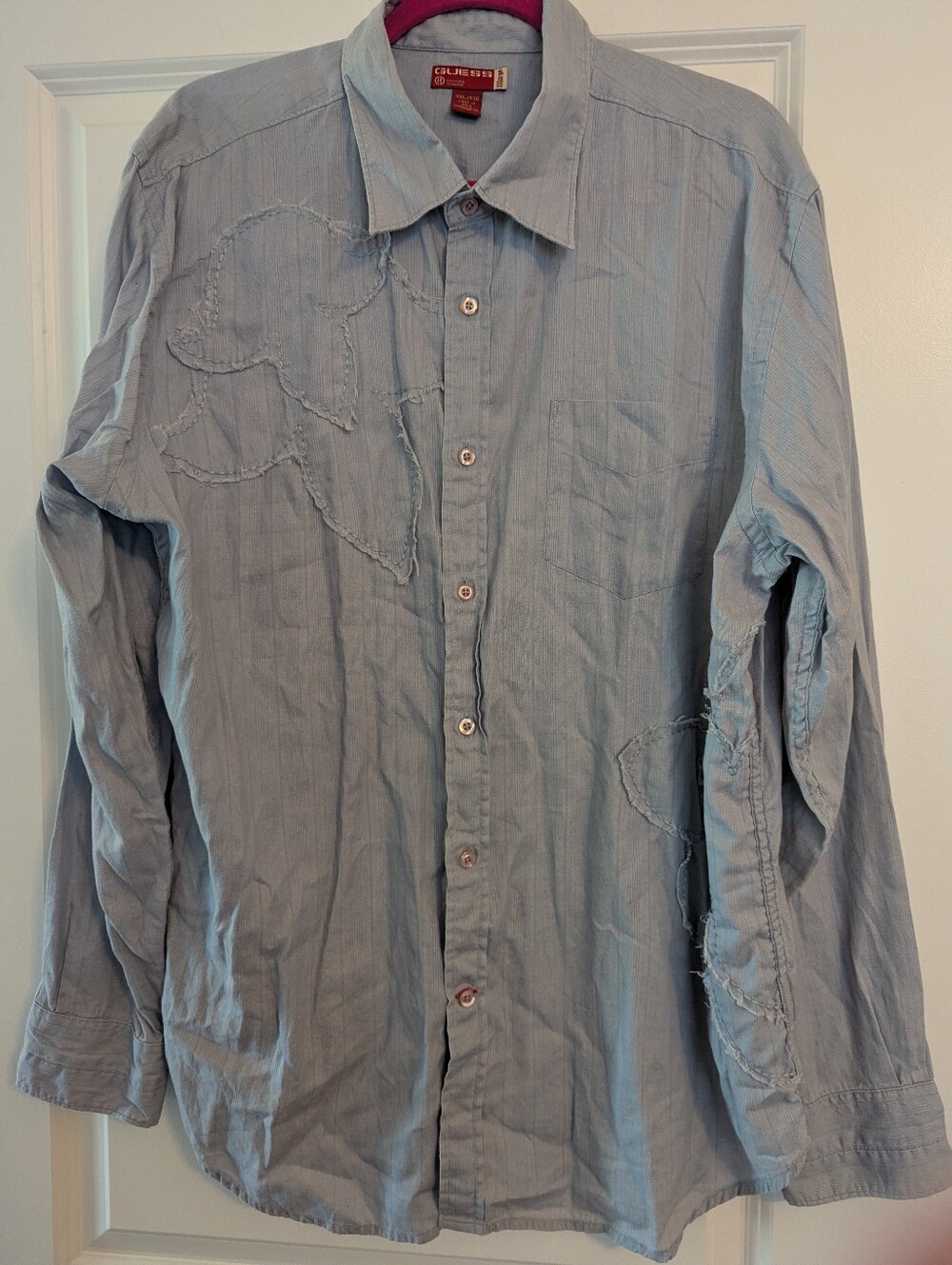 Guess Premium Western Style Light Blue Floral Stitch Detailed Button Up, 2XL